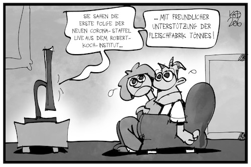 Cartoon: Sponsor Tönnies (medium) by Kostas Koufogiorgos tagged karikatur,koufogiorgos,illustration,cartoon,fernsehen,robert,koch,institut,rki,pk,pressekonferenz,welle,corona,pandemie,medien,zuschauer,serie,staffel,sponsor,toennies,karikatur,koufogiorgos,illustration,cartoon,fernsehen,robert,koch,institut,rki,pk,pressekonferenz,welle,corona,pandemie,medien,zuschauer,serie,staffel,sponsor,toennies