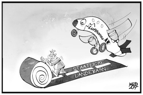 Cartoon: Staatshilfe für die Lufthansa (medium) by Kostas Koufogiorgos tagged karikatur,koufogiorgos,illustration,cartoon,lufthansa,staatshilfe,landen,flugzeug,landebahn,teppich,geld,wirtschaft,karikatur,koufogiorgos,illustration,cartoon,lufthansa,staatshilfe,landen,flugzeug,landebahn,teppich,geld,wirtschaft