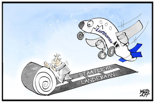 Cartoon: Staatshilfen (medium) by Kostas Koufogiorgos tagged karikatur,koufogiorgos,illustration,cartoon,lufthansa,staatshilfe,landen,flugzeug,landebahn,teppich,geld,wirtschaft,karikatur,koufogiorgos,illustration,cartoon,lufthansa,staatshilfe,landen,flugzeug,landebahn,teppich,geld,wirtschaft