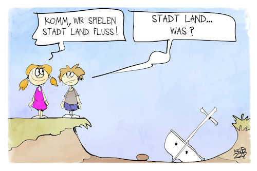 Cartoon: Stadt Land kein Fluß (medium) by Kostas Koufogiorgos tagged karikatur,koufogiorgos,spiel,stadt,land,fluss,dürre,wasser,hitzewelle,klimakatastrophe,flussbett,karikatur,koufogiorgos,spiel,stadt,land,fluss,dürre,wasser,hitzewelle,klimakatastrophe,flussbett