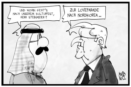 Cartoon: Steinmeiers Mission (medium) by Kostas Koufogiorgos tagged karikatur,koufogiorgos,illustration,cartoon,steinmeier,saudi,arabien,kultur,fest,nordkorea,loveparade,aussenminister,politik,karikatur,koufogiorgos,illustration,cartoon,steinmeier,saudi,arabien,kultur,fest,nordkorea,loveparade,aussenminister,politik