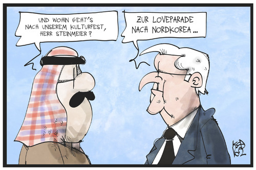 Cartoon: Steinmeiers Mission (medium) by Kostas Koufogiorgos tagged karikatur,koufogiorgos,illustration,cartoon,steinmeier,saudi,arabien,kultur,fest,nordkorea,loveparade,aussenminister,politik,karikatur,koufogiorgos,illustration,cartoon,steinmeier,saudi,arabien,kultur,fest,nordkorea,loveparade,aussenminister,politik