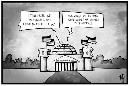 Cartoon: Sterbehilfe (medium) by Kostas Koufogiorgos tagged karikatur,koufogiorgos,illustration,cartoon,sterbehilfe,reichstag,bundestag,parlament,ethik,entscheidung,beratung,politik,karikatur,koufogiorgos,illustration,cartoon,sterbehilfe,reichstag,bundestag,parlament,ethik,entscheidung,beratung,politik