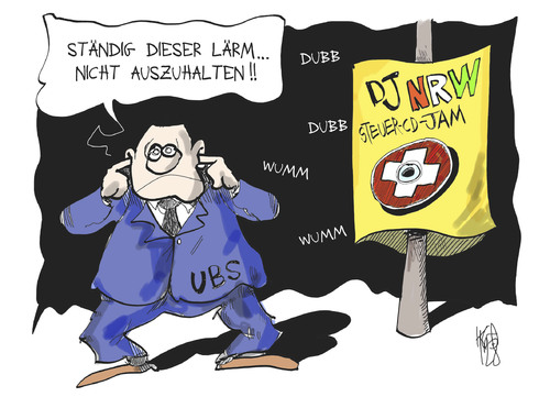 Cartoon: Steuersünder-CD (medium) by Kostas Koufogiorgos tagged nrw,nordrhein,westfalen,ubs,schweiz,bank,steuer,sünder,cd,schwarzgeld,dj,musik,karikatur,kostas,koufogiorgos