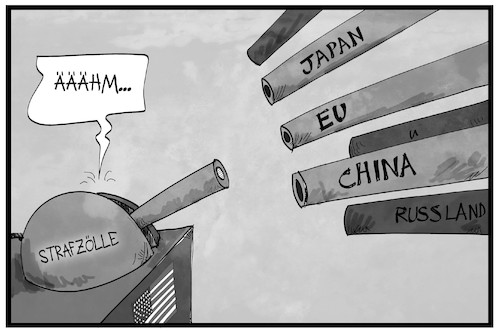 Cartoon: Strafzölle (medium) by Kostas Koufogiorgos tagged karikatur,koufogiorgos,cartoon,illustration,strafzölle,handel,handelskrieg,waffen,eu,europa,china,aufschub,gnadenfrist,usa,wirtschaft,stahl,aluminium,karikatur,koufogiorgos,cartoon,illustration,strafzölle,handel,handelskrieg,waffen,eu,europa,china,aufschub,gnadenfrist,usa,wirtschaft,stahl,aluminium