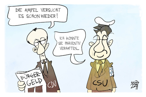 Cartoon: Streit um das Bürgergeld (medium) by Kostas Koufogiorgos tagged koufogiorgos,karikatur,merz,söder,union,csu,cdu,haft,ampel,koufogiorgos,karikatur,merz,söder,union,csu,cdu,haft,ampel