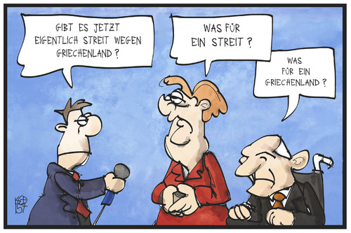 Cartoon: Streit wegen Griechenland (medium) by Kostas Koufogiorgos tagged karikatur,koufogiorgos,illustration,cartoon,griechenland,schäuble,merkel,streit,regierung,politik,koalition,presse,medien,journalist,karikatur,koufogiorgos,illustration,cartoon,griechenland,schäuble,merkel,streit,regierung,politik,koalition,presse,medien,journalist