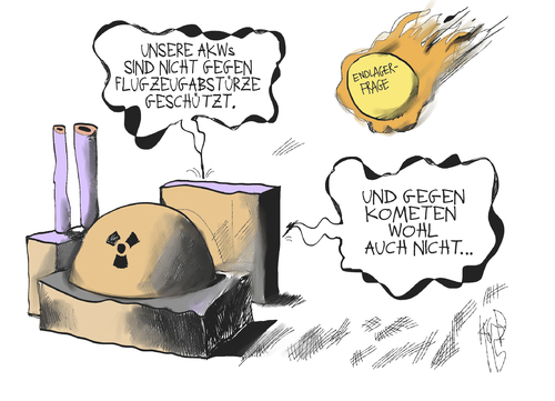 Cartoon: Stresstest (medium) by Kostas Koufogiorgos tagged akw,atomkraft,flugzeugabsturz,komet,endlager,frage,stresstest,nuklearenergie