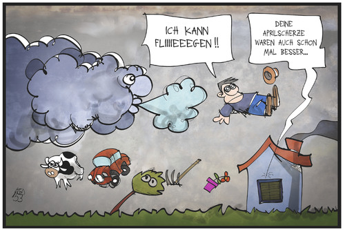 Cartoon: Sturm im April (medium) by Kostas Koufogiorgos tagged karikatur,koufogiorgos,illustration,cartoon,sturm,niklas,orkan,tief,april,fliegen,wetter,klima,unwetter,scherz,aprilscherz,karikatur,koufogiorgos,illustration,cartoon,sturm,niklas,orkan,tief,april,fliegen,wetter,klima,unwetter,scherz,aprilscherz