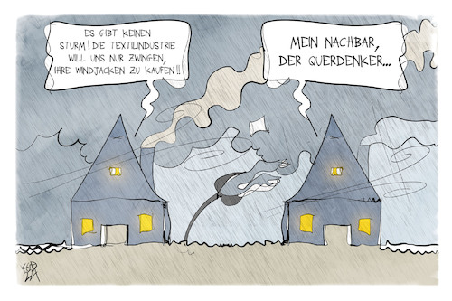 Cartoon: Sturm Nadia (medium) by Kostas Koufogiorgos tagged karikatur,koufogiorgos,cartoon,illustration,sturm,querdenker,haus,unwetter,verschwörung,karikatur,koufogiorgos,cartoon,illustration,sturm,querdenker,haus,unwetter,verschwörung