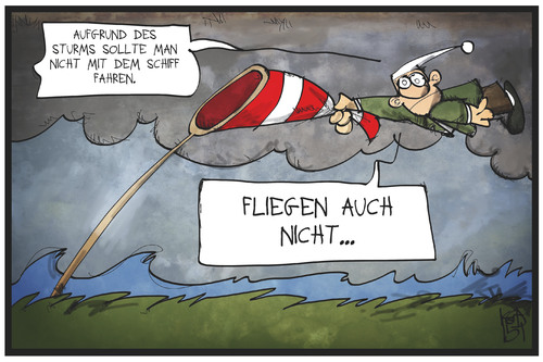 Cartoon: Sturmwarnung (medium) by Kostas Koufogiorgos tagged karikatur,koufogiorgos,illustration,cartoon,sturm,schiff,fliegen,wind,wetter,michel,karikatur,koufogiorgos,illustration,cartoon,sturm,schiff,fliegen,wind,wetter,michel