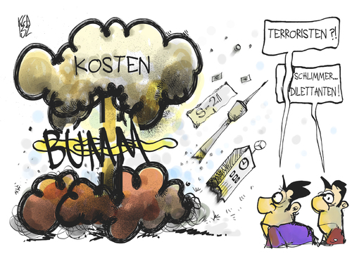 Cartoon: Stuttgart 21 (medium) by Kostas Koufogiorgos tagged stuttgart,21,bahn,dilettanten,terroristen,explosion,kosten,geld,bahnhof,karikatur,kostas,koufogiorgos,stuttgart,21,bahn,dilettanten,terroristen,explosion,kosten,geld,bahnhof,karikatur,kostas,koufogiorgos