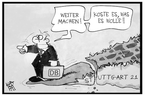 Cartoon: Stuttgart 21 (medium) by Kostas Koufogiorgos tagged karikatur,koufogiorgos,illustration,cartoon,stuttgart,21,bahn,db,kosten,abgrund,absturz,wirtschaft,abkehr,folgen,karikatur,koufogiorgos,illustration,cartoon,stuttgart,21,bahn,db,kosten,abgrund,absturz,wirtschaft,abkehr,folgen