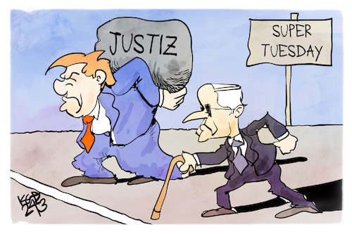 Cartoon: Super Tuesday (medium) by Kostas Koufogiorgos tagged karikatur,koufogiorgos,super,tuesday,biden,trump,usa,vorwahlen,alter,rollator,karikatur,koufogiorgos,super,tuesday,biden,trump,usa,vorwahlen,alter,rollator