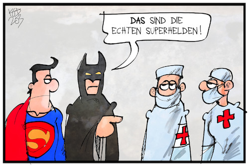 Cartoon: Superhelden (medium) by Kostas Koufogiorgos tagged karikatur,koufogiorgos,illustration,cartoon,batman,superman,arzt,krankenschwester,pfleger,corona,krise,pandemie,gesundheitswesen,held,superheld,karikatur,koufogiorgos,illustration,cartoon,batman,superman,arzt,krankenschwester,pfleger,corona,krise,pandemie,gesundheitswesen,held,superheld