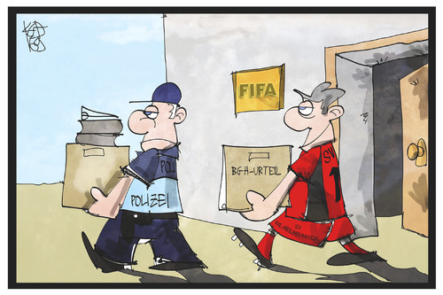 Cartoon: SV Wilhelmshaven vs. FIFA (medium) by Kostas Koufogiorgos tagged karikatur,koufogiorgos,illustration,cartoon,sv,wilhelmshaven,fussball,verein,weltverband,fifa,bgh,urteil,polizei,razzia,sport,karikatur,koufogiorgos,illustration,cartoon,sv,wilhelmshaven,fussball,verein,weltverband,fifa,bgh,urteil,polizei,razzia,sport