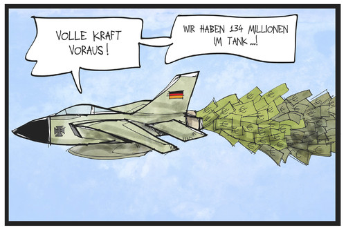 Cartoon: Syrien-Einsatz (medium) by Kostas Koufogiorgos tagged karikatur,koufogiorgos,illustration,cartoon,bundeswehr,tornado,flugzeut,einsatz,geld,euro,kosten,militär,syrien,karikatur,koufogiorgos,illustration,cartoon,bundeswehr,tornado,flugzeut,einsatz,geld,euro,kosten,militär,syrien