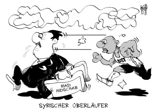 Cartoon: Syrien (medium) by Kostas Koufogiorgos tagged syrien,riyad,hijab,regierungschef,bolt,olympische,spiele,sprint,bürgerkrieg,überläufer,karikatur,kostas,koufogiorgos