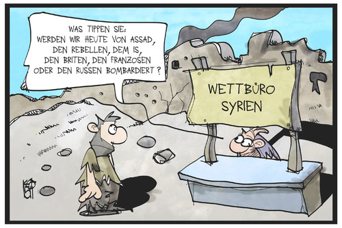 Cartoon: Syrien (medium) by Kostas Koufogiorgos tagged karikatur,koufogiorgos,illustration,cartoon,syrien,wettbüro,krieg,konflikt,bombardierung,ruine,angriff,wetten,tippen,assad,politik,karikatur,koufogiorgos,illustration,cartoon,syrien,wettbüro,krieg,konflikt,bombardierung,ruine,angriff,wetten,tippen,assad,politik