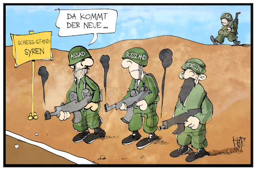 Cartoon: Syrien (medium) by Kostas Koufogiorgos tagged karikatur,koufogiorgos,cartoon,illustration,syrien,usa,assad,russland,rebellen,krieg,konflikt,soldat,schiessstand,gewalt,waffen,angriff,karikatur,koufogiorgos,cartoon,illustration,syrien,usa,assad,russland,rebellen,krieg,konflikt,soldat,schiessstand,gewalt,waffen,angriff