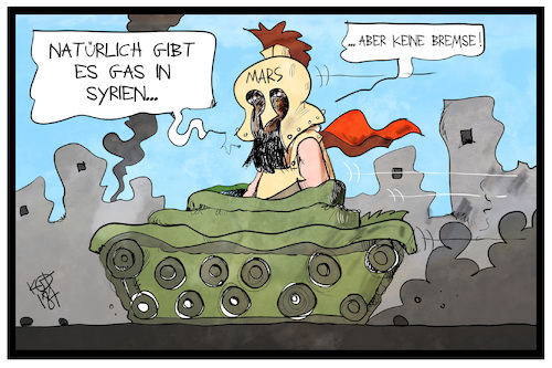 Cartoon: Syrien (medium) by Kostas Koufogiorgos tagged karikatur,koufogiorgos,illustration,cartoon,syrien,krieg,konflikt,panzer,mars,kriegsgott,gas,bremse,ungebremst,giftgas,anschlag,karikatur,koufogiorgos,illustration,cartoon,syrien,krieg,konflikt,panzer,mars,kriegsgott,gas,bremse,ungebremst,giftgas,anschlag