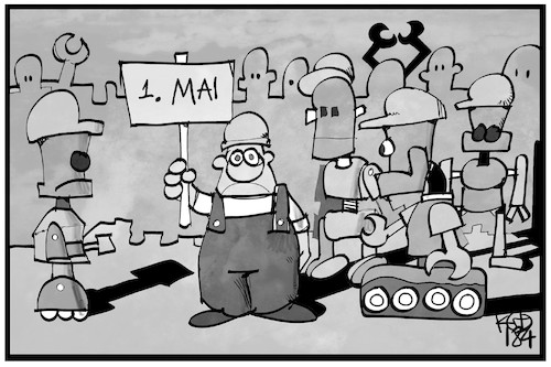 Cartoon: Tag der Arbeit 4.0 (medium) by Kostas Koufogiorgos tagged karikatur,koufogiorgos,illustration,cartoon,tag,arbeit,demonstration,industrie,roboter,cobots,industrialisierung,feiertag,karikatur,koufogiorgos,illustration,cartoon,tag,arbeit,demonstration,industrie,roboter,cobots,industrialisierung,feiertag