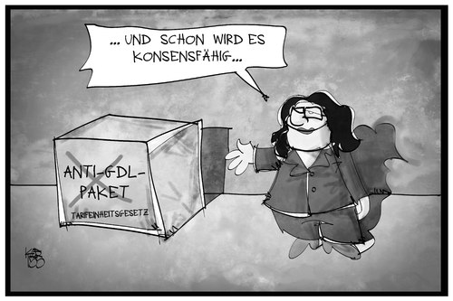 Cartoon: Tarifeinheitsgesetz (medium) by Kostas Koufogiorgos tagged karikatur,koufogiorgos,illustration,cartoon,tarifeinheitsgesetz,gdl,paket,gewerkschaft,streikrecht,arbeitnehmer,gesetz,grundrecht,nahles,arbeitsministerin,politik,karikatur,koufogiorgos,illustration,cartoon,tarifeinheitsgesetz,gdl,paket,gewerkschaft,streikrecht,arbeitnehmer,gesetz,grundrecht,nahles,arbeitsministerin,politik