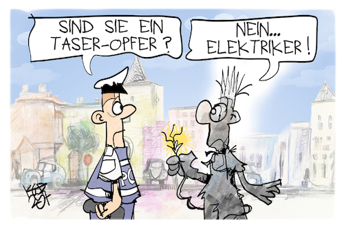 Cartoon: Taser-Einsatz (medium) by Kostas Koufogiorgos tagged karikatur,koufogiorgos,elektriker,taser,polizist,waffe,karikatur,koufogiorgos,elektriker,taser,polizist,waffe