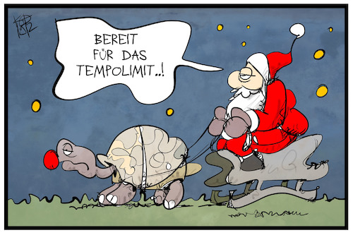 Cartoon: Tempolimit (medium) by Kostas Koufogiorgos tagged karikatur,koufogiorgos,illustration,cartoon,tempo,limit,autobahn,weihnachtsmann,schildkröte,langsamkeit,fahren,verkehr,schlitten,mobilität,geschwindigkeit,karikatur,koufogiorgos,illustration,cartoon,tempo,limit,autobahn,weihnachtsmann,schildkröte,langsamkeit,fahren,verkehr,schlitten,mobilität,geschwindigkeit