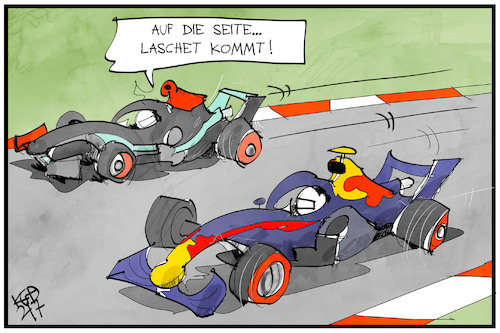 Cartoon: Tempolimit (medium) by Kostas Koufogiorgos tagged karikatur,koufogiorgos,illustration,cartoon,laschet,verstappen,hamilton,formel,rennfahrer,cdu,karikatur,koufogiorgos,illustration,cartoon,laschet,verstappen,hamilton,formel,rennfahrer,cdu