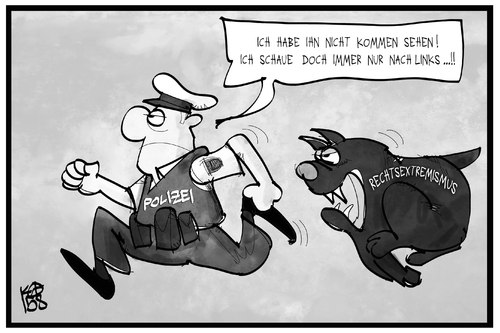 Cartoon: Terror von rechts (medium) by Kostas Koufogiorgos tagged karikatur,koufogiorgos,illustration,cartoon,polizei,polizist,hund,wild,rechtsextremismus,terrorismus,blind,rechts,links,politik,karikatur,koufogiorgos,illustration,cartoon,polizei,polizist,hund,wild,rechtsextremismus,terrorismus,blind,rechts,links,politik