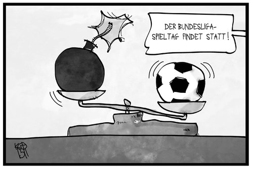 Cartoon: Terror vs. Fußball (medium) by Kostas Koufogiorgos tagged karikatur,koufogiorgos,illustration,cartoon,terror,fussball,bundesliga,ball,bombe,terrorismus,sicherheit,waage,abwägen,sport,karikatur,koufogiorgos,illustration,cartoon,terror,fussball,bundesliga,ball,bombe,terrorismus,sicherheit,waage,abwägen,sport