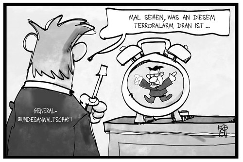 Cartoon: Terroralarm (medium) by Kostas Koufogiorgos tagged karikatur,koufogiorgos,illustration,cartoon,terroralarm,wecker,maiziere,generalbundesanwalt,reparieren,inspektion,untersuchung,justiz,terrorismus,karikatur,koufogiorgos,illustration,cartoon,terroralarm,wecker,maiziere,generalbundesanwalt,reparieren,inspektion,untersuchung,justiz,terrorismus