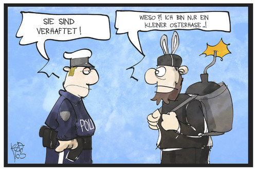 Cartoon: Terrorismus (medium) by Kostas Koufogiorgos tagged karikatur,koufogiorgos,illustration,cartoon,terrorismus,polizei,polizist,terrorist,osterhase,ostern,bombe,festnahme,is,politik,karikatur,koufogiorgos,illustration,cartoon,terrorismus,polizei,polizist,terrorist,osterhase,ostern,bombe,festnahme,is,politik