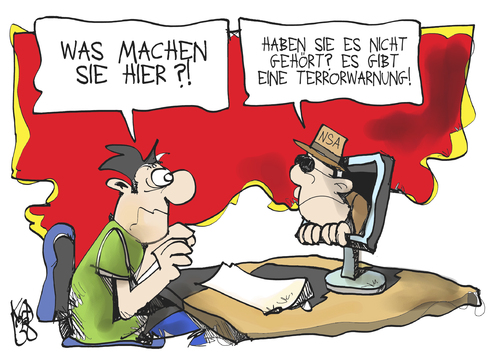 Cartoon: Terrorwarnung (medium) by Kostas Koufogiorgos tagged terrorismus,nsa,usa,prism,pc,datenschutz,sicherheit,agent,karikatur,koufogiorgos,terrorismus,nsa,usa,prism,pc,datenschutz,sicherheit,agent,karikatur,koufogiorgos