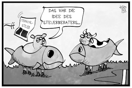 Cartoon: Tierwohlsteuer (medium) by Kostas Koufogiorgos tagged karikatur,koufogiorgos,illustration,cartoon,tierwohl,steuer,schwein,kuh,fisch,karikatur,koufogiorgos,illustration,cartoon,tierwohl,steuer,schwein,kuh,fisch