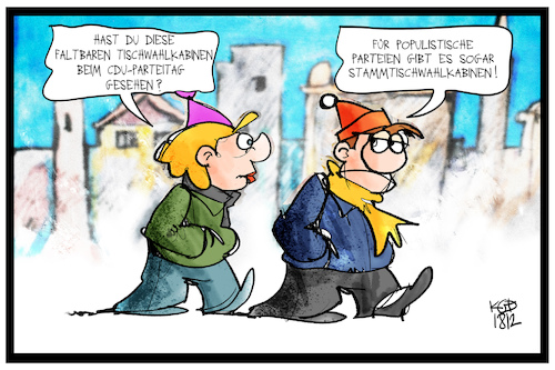 Cartoon: Tischwahlkabine (medium) by Kostas Koufogiorgos tagged karikatur,koufogiorgos,illustration,cartoon,tisch,wahlkabine,stammtisch,cdu,parteitag,populisten,demokratie,abstimmung,karikatur,koufogiorgos,illustration,cartoon,tisch,wahlkabine,stammtisch,cdu,parteitag,populisten,demokratie,abstimmung