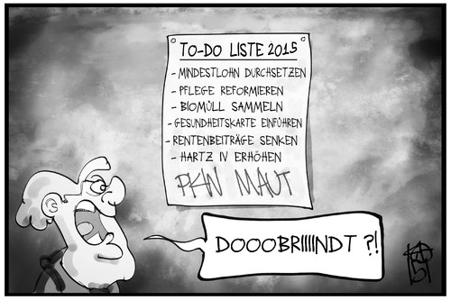 Cartoon: To-do-Liste 2015 (medium) by Kostas Koufogiorgos tagged karikatur,koufogiorgos,illustration,cartoon,2015,to,do,erledigen,liste,merkel,dobrindt,regierung,cdu,csu,maut,politik,karikatur,koufogiorgos,illustration,cartoon,2015,to,do,erledigen,liste,merkel,dobrindt,regierung,cdu,csu,maut,politik