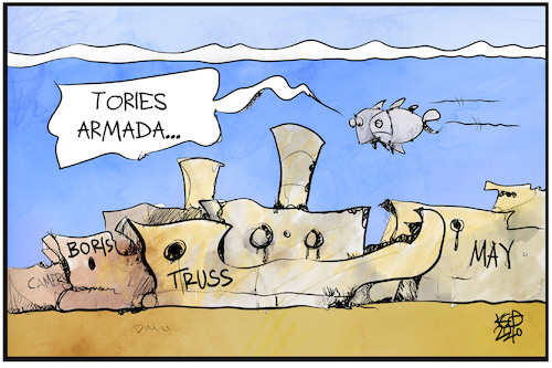 Cartoon: Tories Armada (medium) by Kostas Koufogiorgos tagged karikatur,koufogiorgos,tories,flotte,schiff,truss,cameron,johnson,may,untergang,fisch,meer,karikatur,koufogiorgos,tories,flotte,schiff,truss,cameron,johnson,may,untergang,fisch,meer