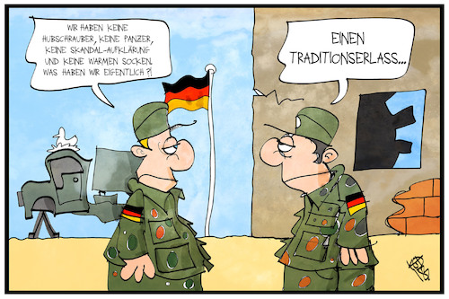 Cartoon: Traditionserlass (medium) by Kostas Koufogiorgos tagged karikatur,koufogiorgos,illustration,cartoon,traditionserlass,bundeswehr,rüstungsmängel,soldat,beruf,skandale,panzer,hubschrauber,militär,karikatur,koufogiorgos,illustration,cartoon,traditionserlass,bundeswehr,rüstungsmängel,soldat,beruf,skandale,panzer,hubschrauber,militär