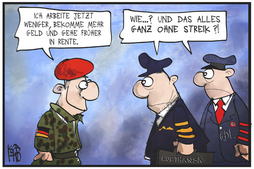 Cartoon: Traumjob bei der Bundeswehr (medium) by Kostas Koufogiorgos tagged karikatur,koufogiorgos,illustration,cartoon,bundeswehr,soldat,lokführer,pilot,streik,arbeit,arbeitsbedingungen,rente,lohn,gehalt,geld,beruf,politik,karikatur,koufogiorgos,illustration,cartoon,bundeswehr,soldat,lokführer,pilot,streik,arbeit,arbeitsbedingungen,rente,lohn,gehalt,geld,beruf,politik