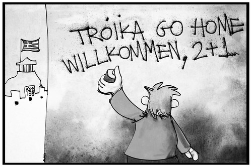 Cartoon: Troika go home (medium) by Kostas Koufogiorgos tagged karikatur,koufogiorgos,illustration,cartoon,griechenland,troika,willkommen,graffiti,widerspruch,institutionen,europa,politik,karikatur,koufogiorgos,illustration,cartoon,griechenland,troika,willkommen,graffiti,widerspruch,institutionen,europa,politik