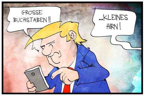 Cartoon: Trump droht dem Iran (medium) by Kostas Koufogiorgos tagged karikatur,koufogiorgos,illustration,cartoon,trump,twitter,smartphone,mobile,handy,soziale,netzwerke,social,media,iran,drohung,krieg,hirn,usa,präsident,politik,karikatur,koufogiorgos,illustration,cartoon,trump,twitter,smartphone,mobile,handy,soziale,netzwerke,social,media,iran,drohung,krieg,hirn,usa,präsident,politik