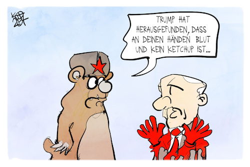 Cartoon: Trump entlarvt Putin (medium) by Kostas Koufogiorgos tagged karikatur,koufogiorogos,trump,putin,bär,ketchup,blut,russland,usa,karikatur,koufogiorogos,trump,putin,bär,ketchup,blut,russland,usa