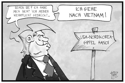 Cartoon: Trump in Vietnam (medium) by Kostas Koufogiorgos tagged karikatur,koufogiorgos,illustration,cartoon,trump,vietnam,hanoi,wehrpflicht,nordkorea,gipfel,treffen,usa,karikatur,koufogiorgos,illustration,cartoon,trump,vietnam,hanoi,wehrpflicht,nordkorea,gipfel,treffen,usa