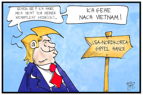 Cartoon: Trump in Vietnam (medium) by Kostas Koufogiorgos tagged karikatur,koufogiorgos,illustration,cartoon,trump,vietnam,hanoi,wehrpflicht,nordkorea,gipfel,treffen,usa,karikatur,koufogiorgos,illustration,cartoon,trump,vietnam,hanoi,wehrpflicht,nordkorea,gipfel,treffen,usa