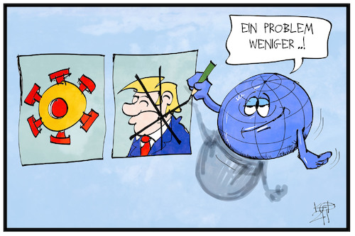 Cartoon: Trump ist weg (medium) by Kostas Koufogiorgos tagged karikatur,koufogiorgos,illustration,cartoon,trump,corona,erde,welt,problem,streichen,abwahl,pandemie,karikatur,koufogiorgos,illustration,cartoon,trump,corona,erde,welt,problem,streichen,abwahl,pandemie