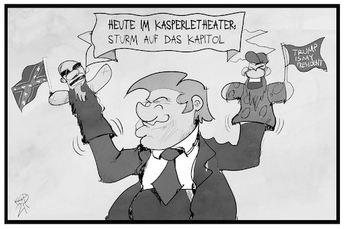 Cartoon: Trump lässt die Puppen tanzen (medium) by Kostas Koufogiorgos tagged karikatur,koufogiorgos,illustration,cartoon,trump,kasperle,theater,puppen,handpuppen,kapitol,washington,putsch,staatsstreich,usa,präsident,demokratie,karikatur,koufogiorgos,illustration,cartoon,trump,kasperle,theater,puppen,handpuppen,kapitol,washington,putsch,staatsstreich,usa,präsident,demokratie