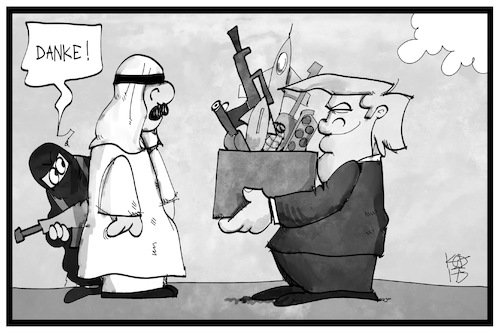 Cartoon: Trump liefert Waffen (medium) by Kostas Koufogiorgos tagged karikatur,koufogiorgos,illustration,cartoon,trump,saudi,arabien,scheich,is,terrorist,islamist,waffen,deal,rüstung,industrie,verkauf,usa,karikatur,koufogiorgos,illustration,cartoon,trump,saudi,arabien,scheich,is,terrorist,islamist,waffen,deal,rüstung,industrie,verkauf,usa