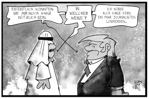 Cartoon: Trump steht zu Saudi-Arabien (medium) by Kostas Koufogiorgos tagged karikatur,koufogiorgos,illustration,cartoon,usa,saudi,arabien,trump,prinz,pressefreiheit,khashoggi,journalist,ermordung,karikatur,koufogiorgos,illustration,cartoon,usa,saudi,arabien,trump,prinz,pressefreiheit,khashoggi,journalist,ermordung